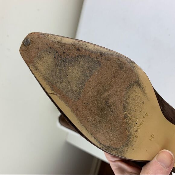 Vintage Paloma Brown Suede Pointy Toe Heels Satin Gold Circle Accent - Picture 5 of 13